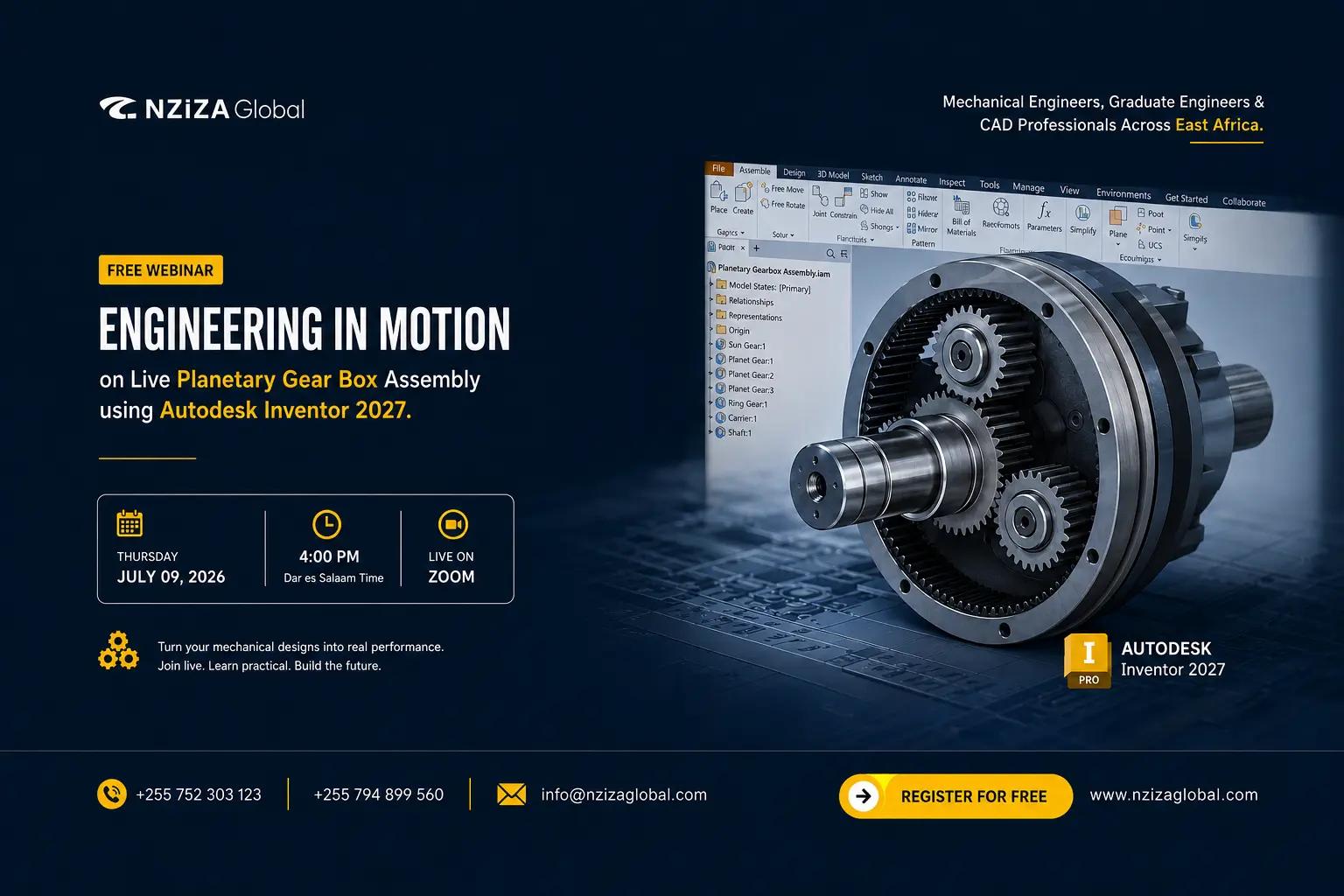 FREE WEBINAR: Engineering in Motion on Live Planetary Gear Box Assembly using Autodesk Inventor 2027.